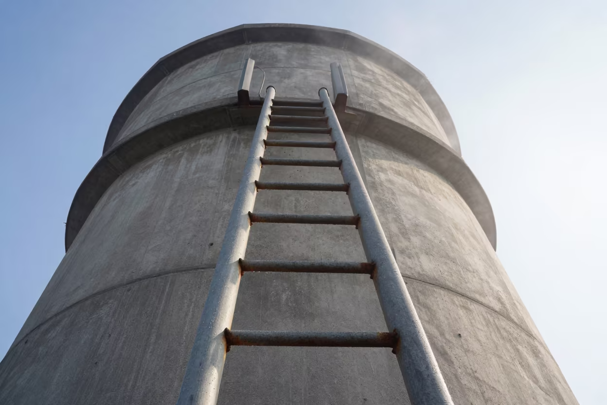Kanazawa Water Tower Ladder in Late Afternoon Light in beside a water tower ladder in Kanazawa