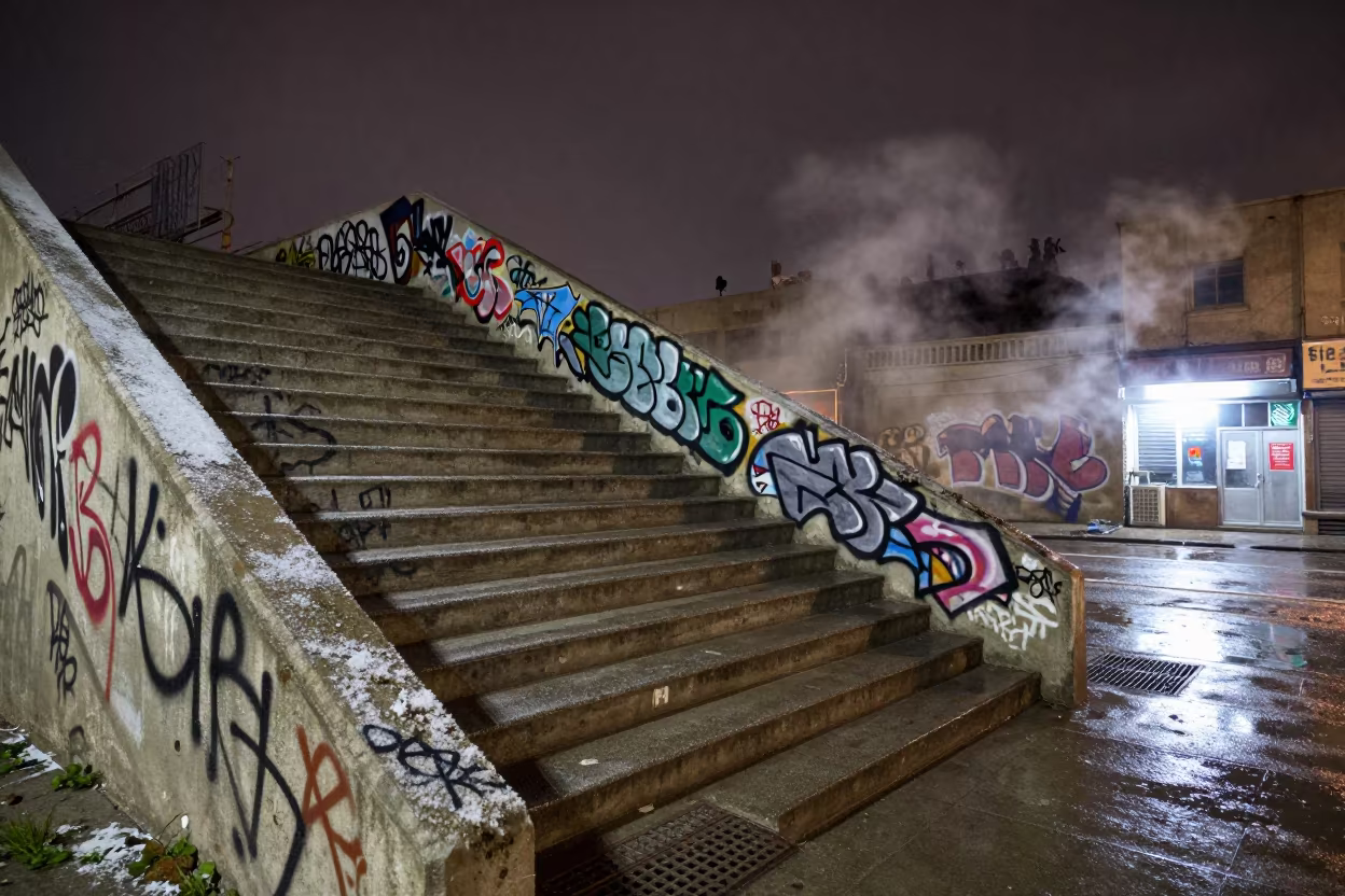 Kandahar Subway Stair Graffiti Winter Predawn in outside a fluorescent convenience store in Kandahar