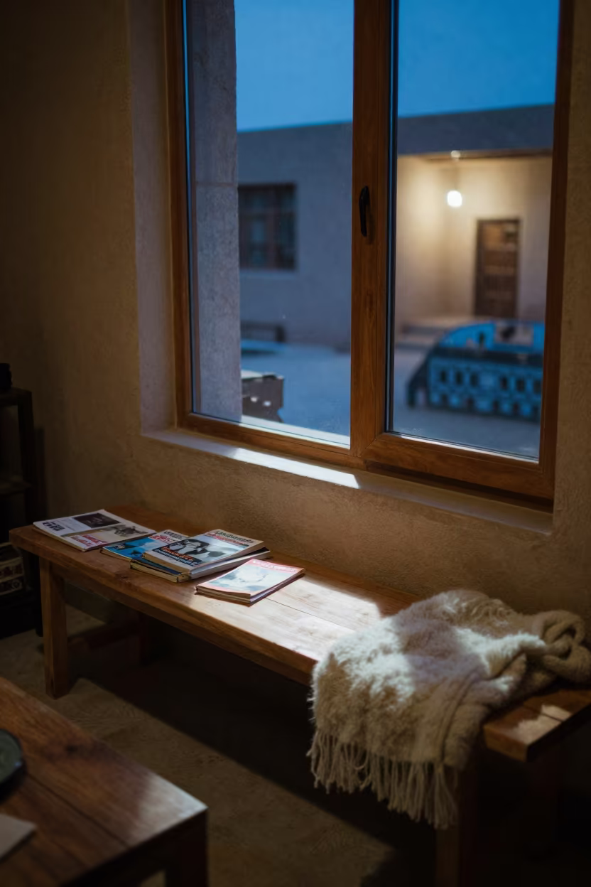 Kandahar Window Bench Evening with Seed Catalogues in in a sunlit living room in Kandahar