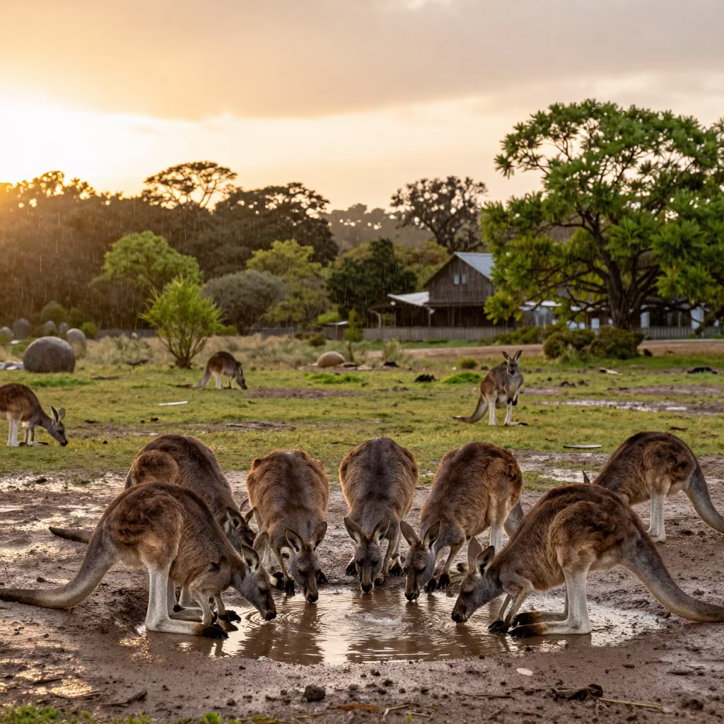 Kangaroo Mob Drinking at Nagasaki Waterhole Sunset in near Nagasaki