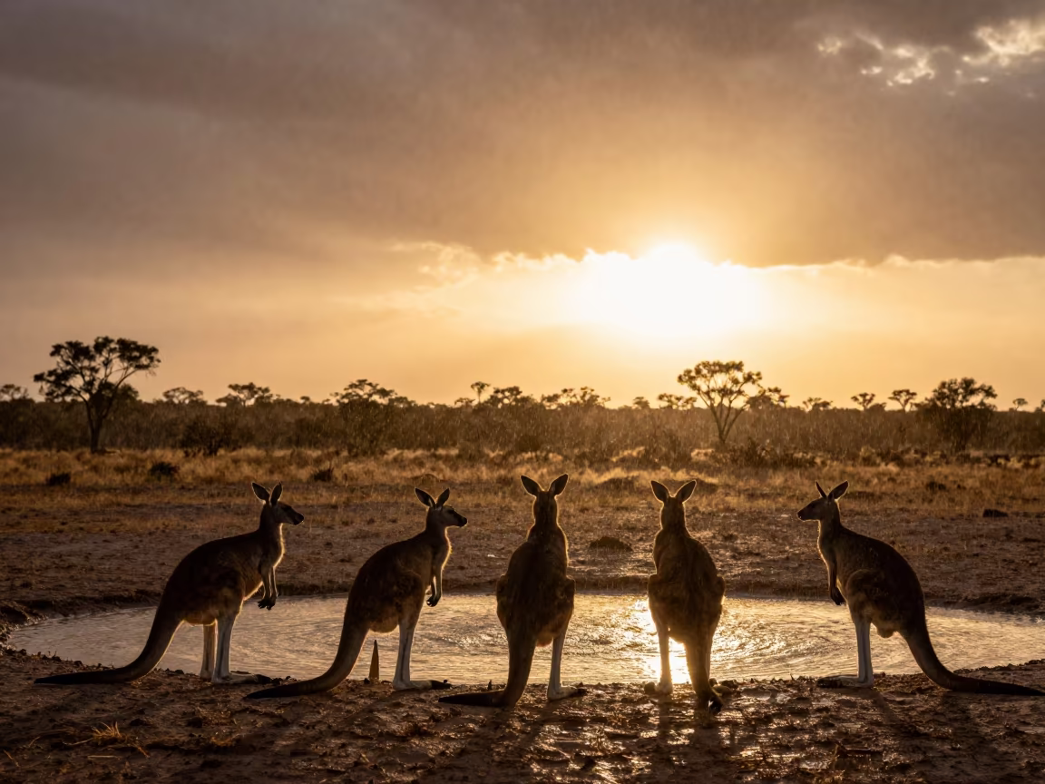Kangaroo Silhouette at Golden Hour Waterhole in near Samsun