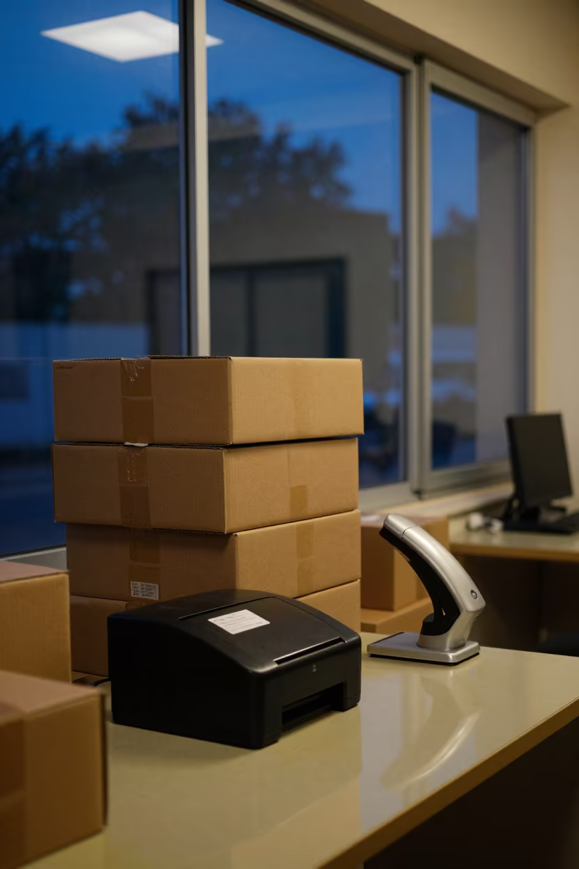 Kanpur Mailroom Station Before Dawn Blue Hour in inside an open-plan office bay near Kanpur