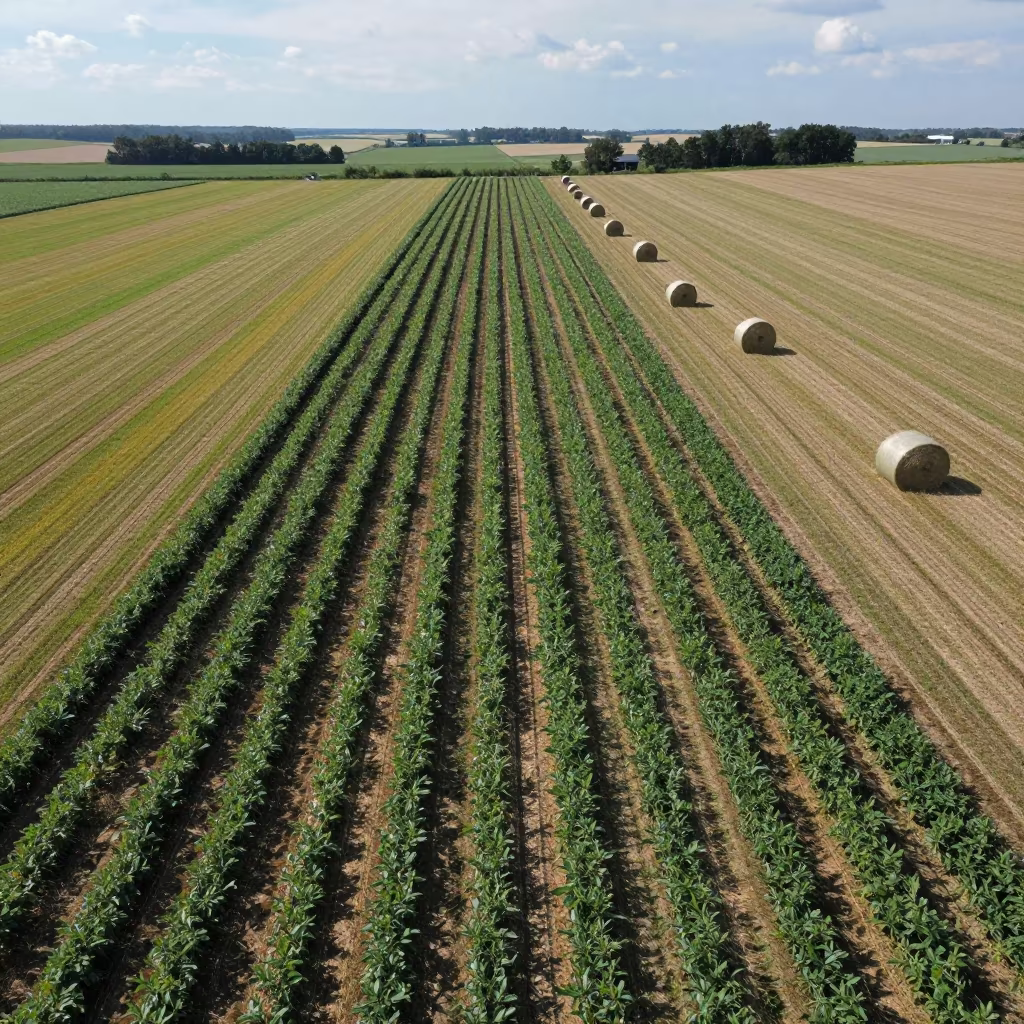 Kansas Farm Aerial Quilt Midmorning Light in beside stacked hay bales in South Korea