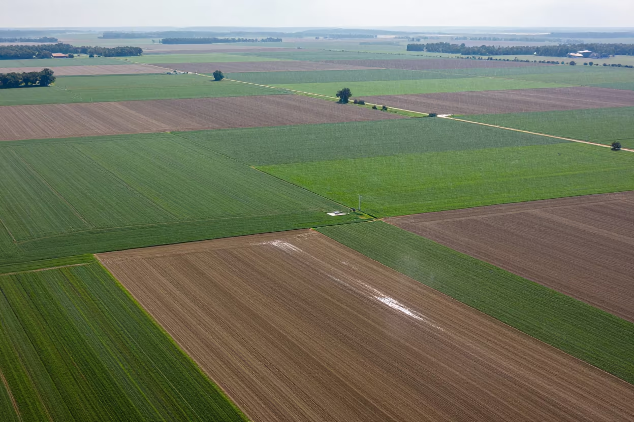 Kansas Farmland Patchwork Under Drizzle in between vineyard trellises in New Jersey