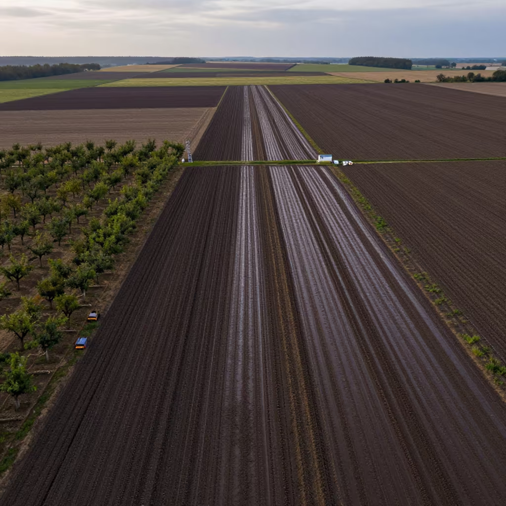 Kansas Farmland Patchwork Under Overcast Sky in among orchard ladders and crates in Victoria