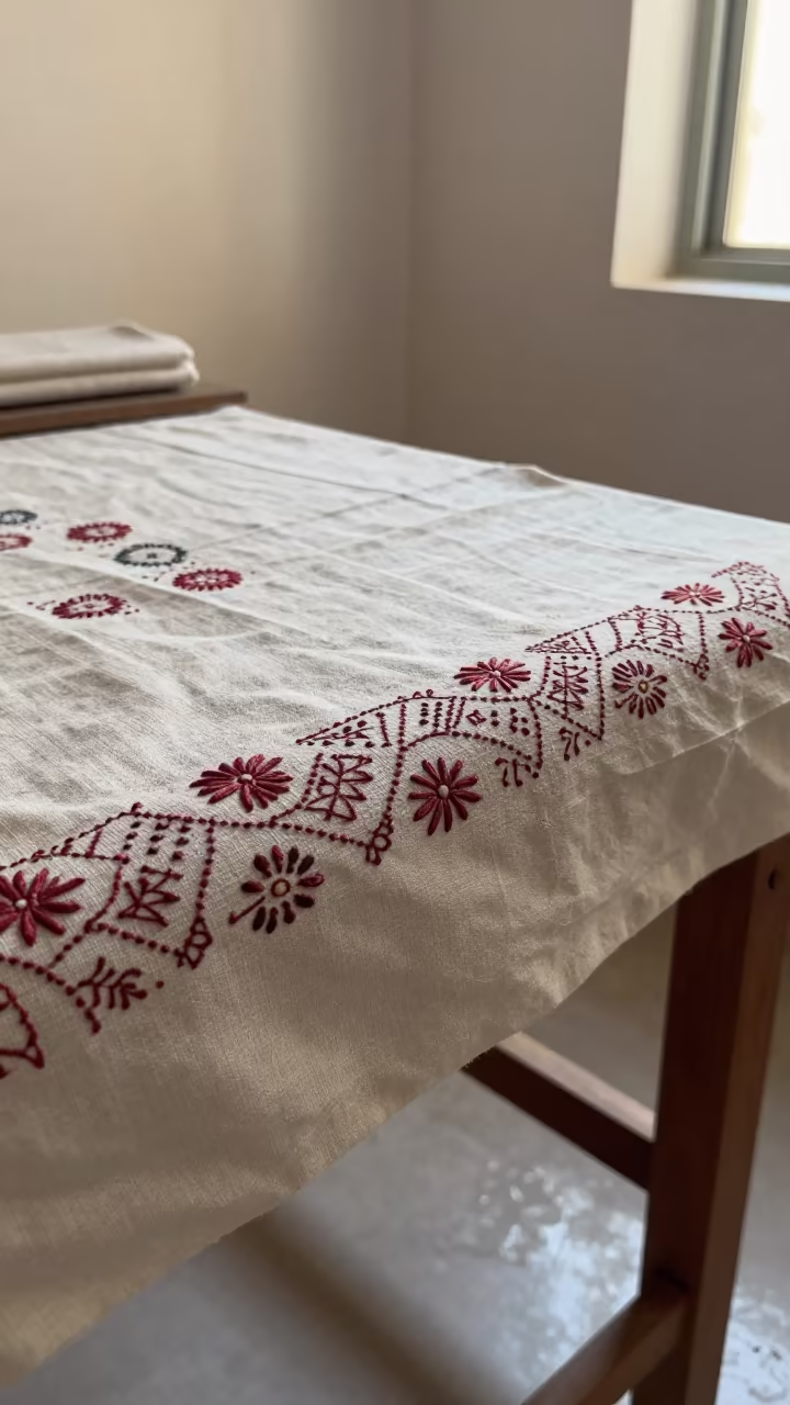 Kantha Embroidery Detail on Wooden Bench in on a wooden workbench in Moçâmedes