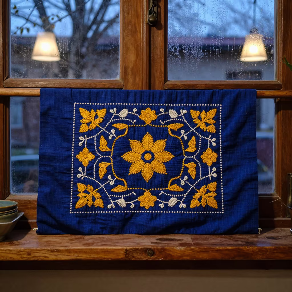 Kantha Embroidery with Running Stitches in on a workshop shelf in Ras al-Khaimah