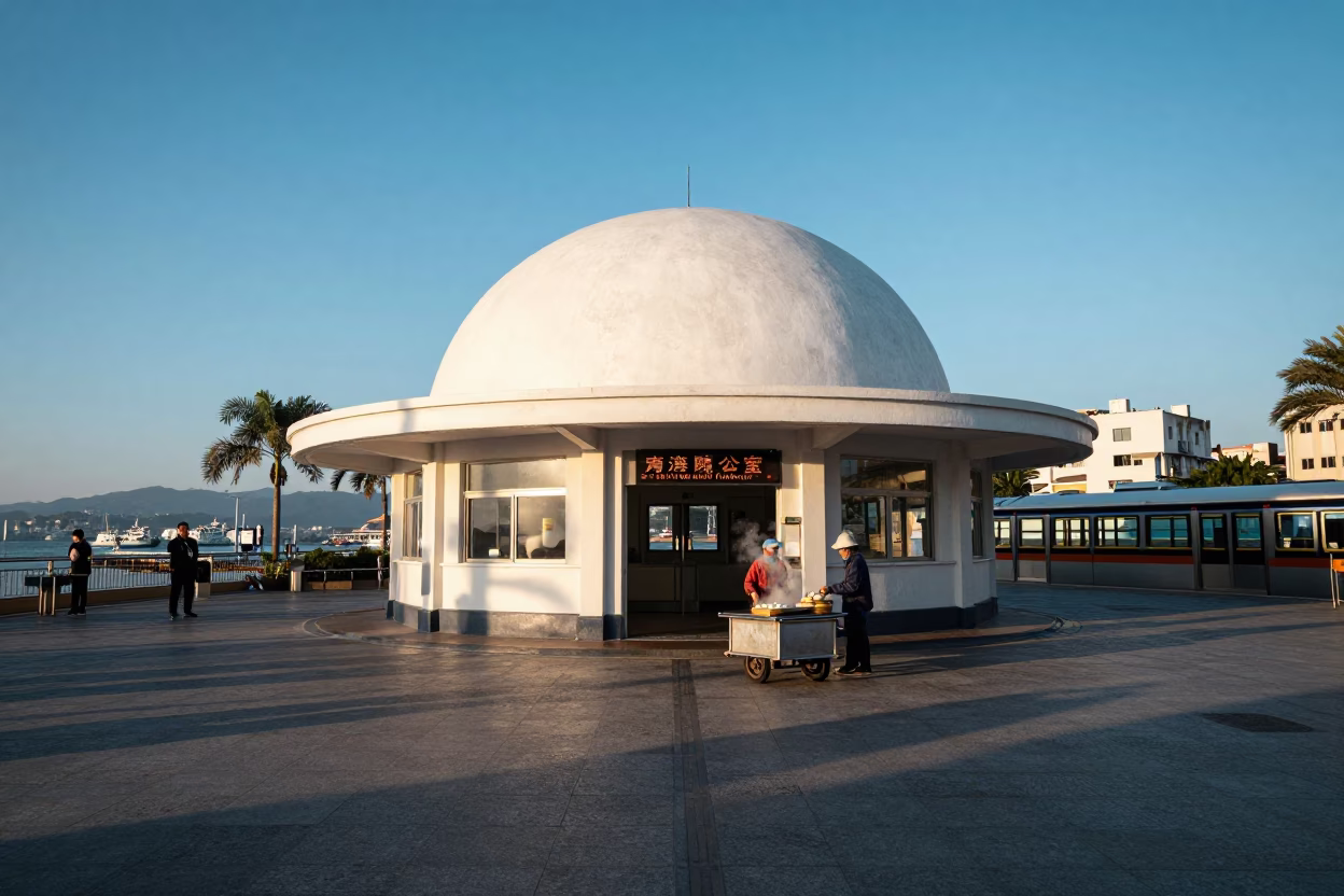 Kaohhiung Taiwan Nautical Dawn Street Scene with Blue White Porcelain Bowl and Tram in in Kaohsiung, Taiwan
