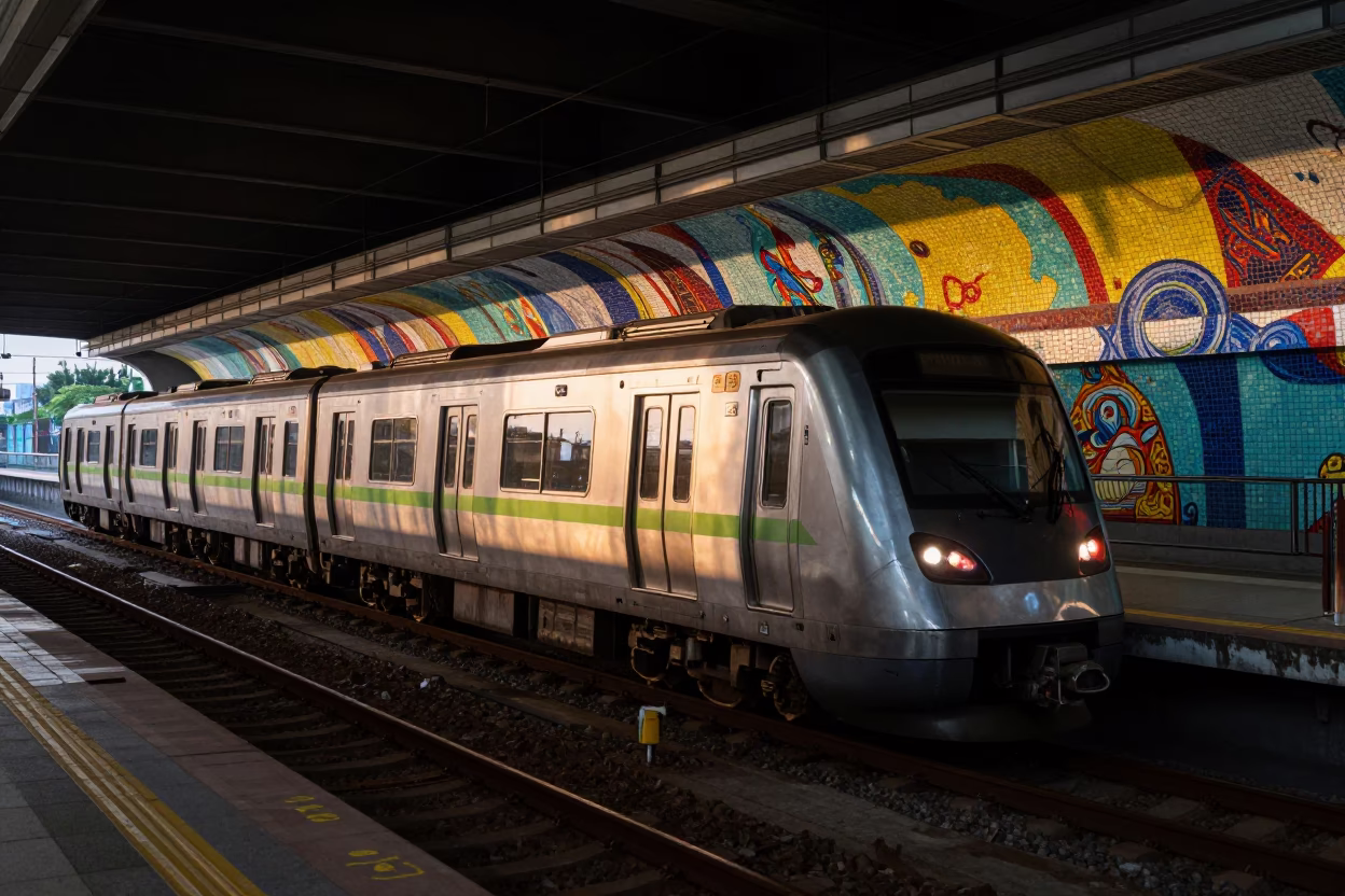 Kaohsiung Before Dawn Metro Train Arriving at Art Adorned Station Platform in in Kaohsiung, Taiwan