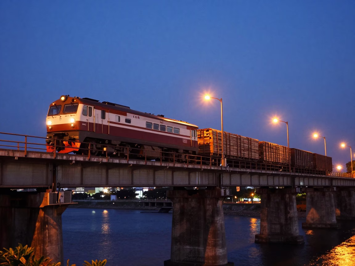 Kaohsiung Blue Hour Street Scene with Freight Train Crossing Trestle Bridge in in Kaohsiung, Taiwan