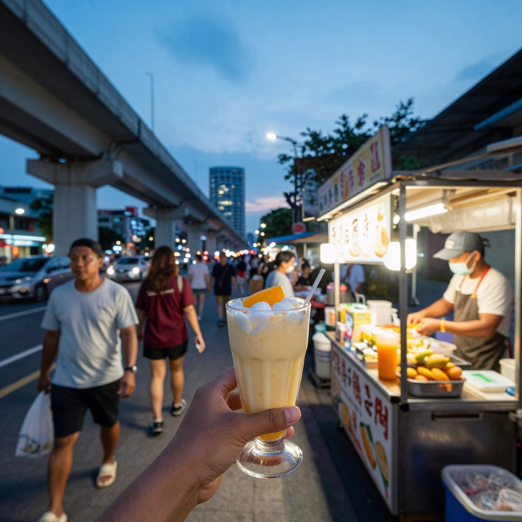 Kaohsiung Blue Hour Street Scene with Mango Lassi and Urban Viaduct Shadows in in Kaohsiung, Taiwan