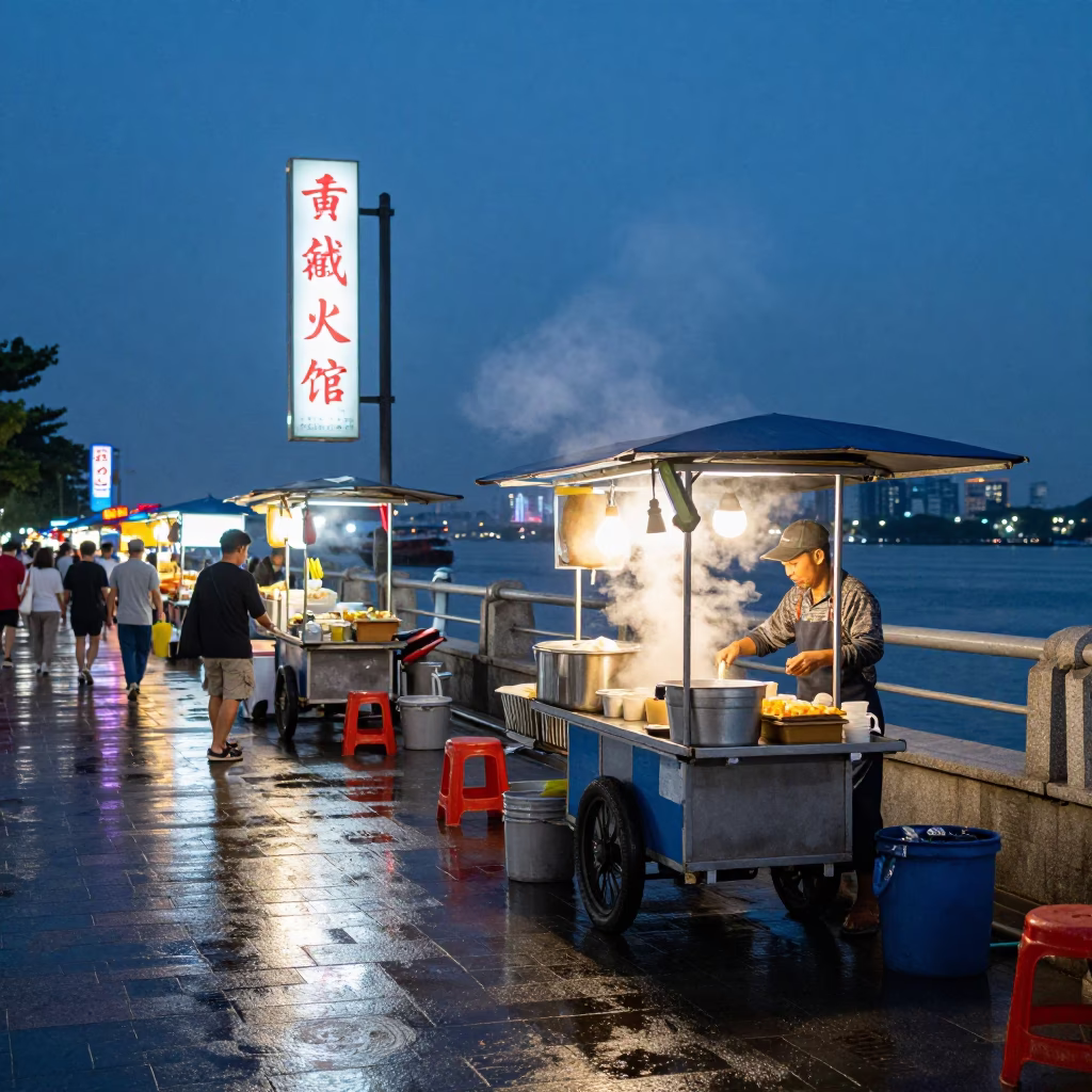 Kaohsiung Blue Hour Street Scene with Night Market Food and Urban Life in in Kaohsiung, Taiwan