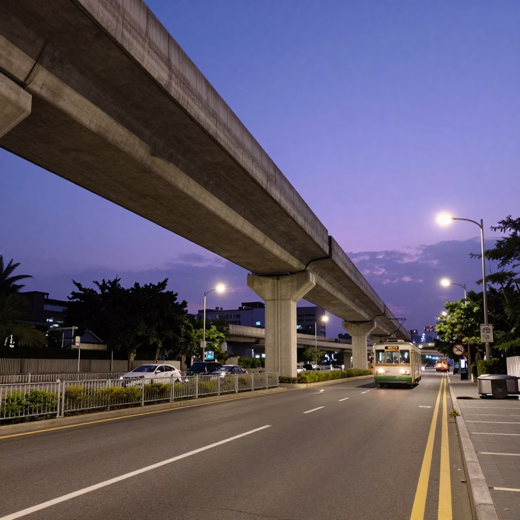 Kaohsiung Blue Hour Street Scene with Overpass Ramp and Tramcar in in Kaohsiung, Taiwan