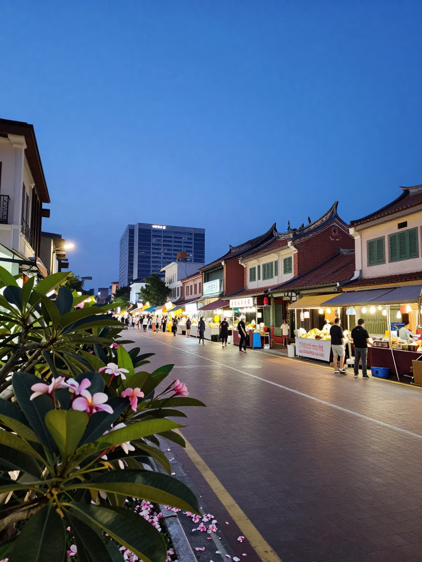 Kaohsiung Blue Hour Street Scene with Plumeria Petals and Night Market Activity in in Kaohsiung, Taiwan