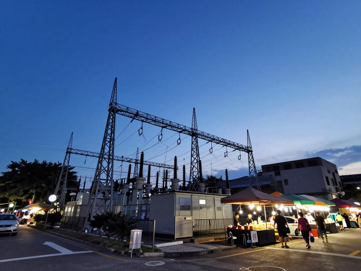 Kaohsiung Blue Hour Street Scene with Power Substation and Night Market Vendors in in Kaohsiung, Taiwan