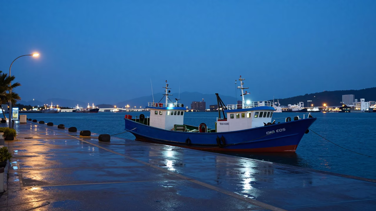 Kaohsiung Blue Hour Street Scene with Shrimp Trawler and Coastal Lights in in Kaohsiung, Taiwan