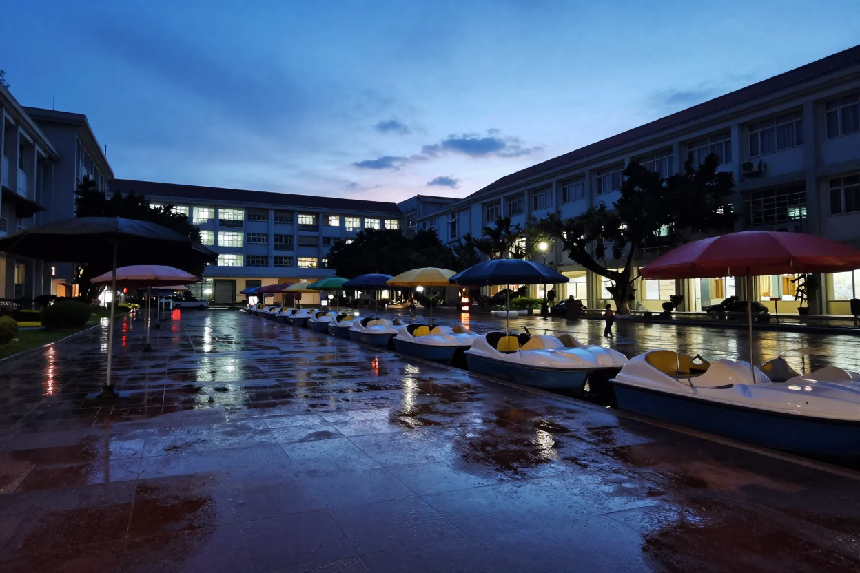 Kaohsiung Blue Hour Street Scene with Umbrellas and Pedal Boat Reflections in in Kaohsiung, Taiwan