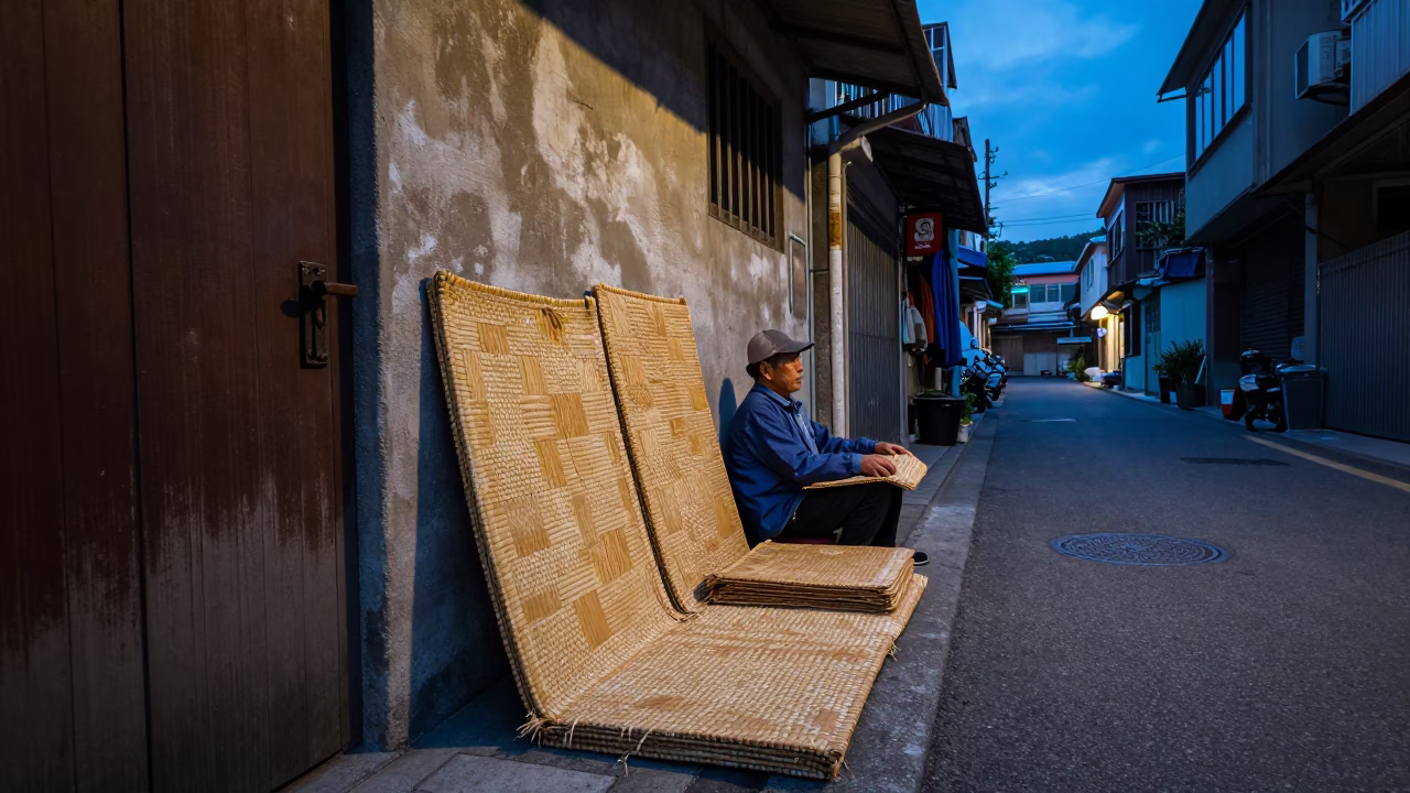 Kaohsiung Blue Hour Street Scene with Woven Mats and Iron Deadbolt in in Kaohsiung, Taiwan