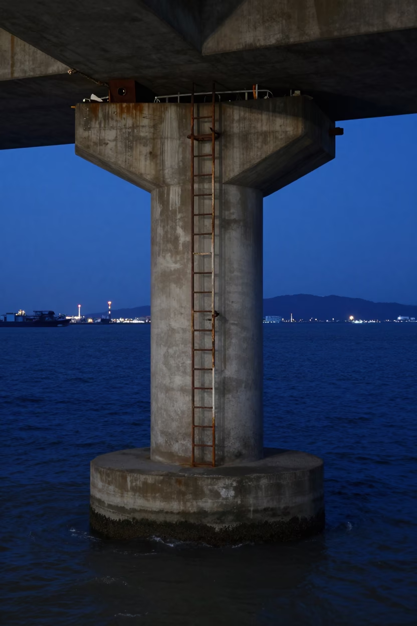 Kaohsiung Bridge Pier Inspection Ladder Above Choppy Estuary Water in Predawn Darkness in in Kaohsiung, Taiwan