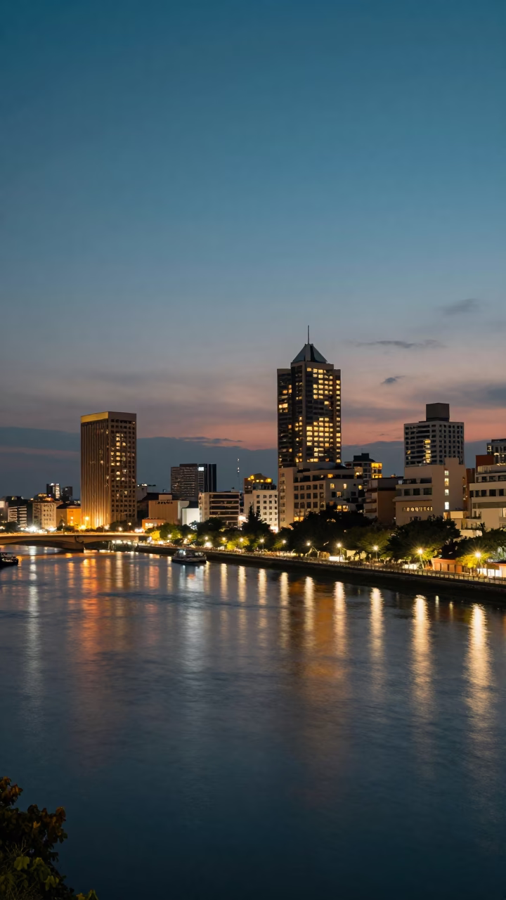 Kaohsiung City Lights Glow Over Love River Waterfront with Steam Haze in in Kaohsiung, Taiwan