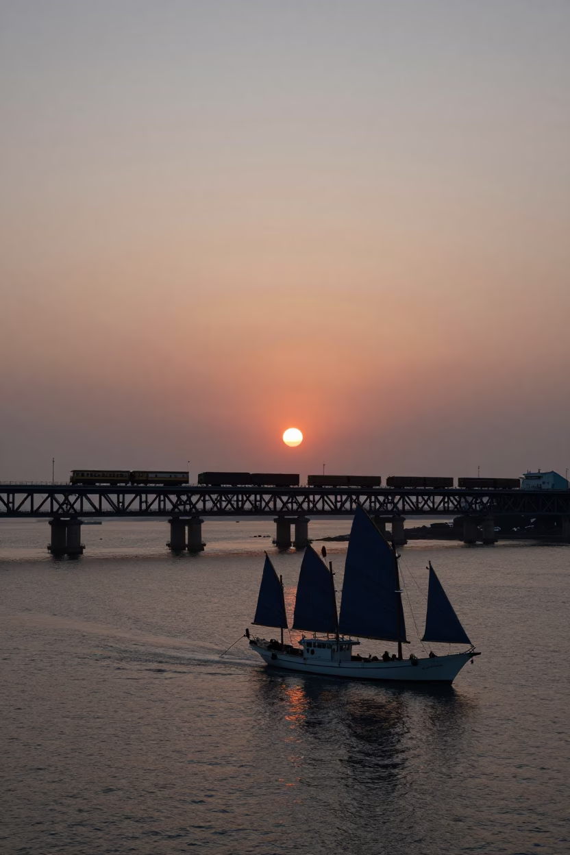 Kaohsiung Dhow Sailboat at As The Sun Drops Toward The Horizon in in Kaohsiung, Taiwan