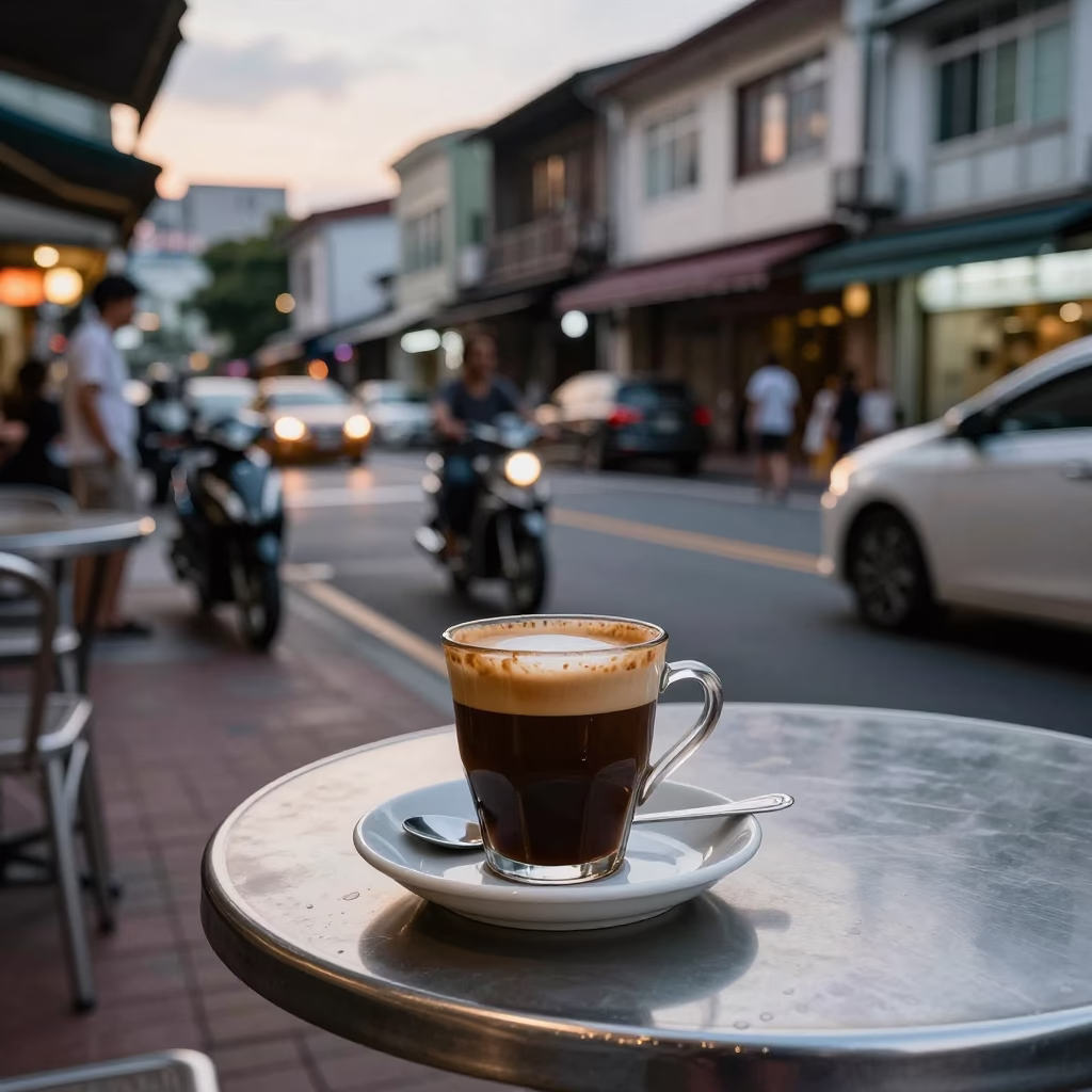 Kaohsiung Early Evening Street Scene with Espresso Cup and Urban Details in in Kaohsiung, Taiwan