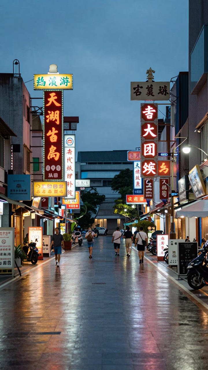 Kaohsiung Early Evening Street Scene with Neon Signs and Bottle in in Kaohsiung, Taiwan