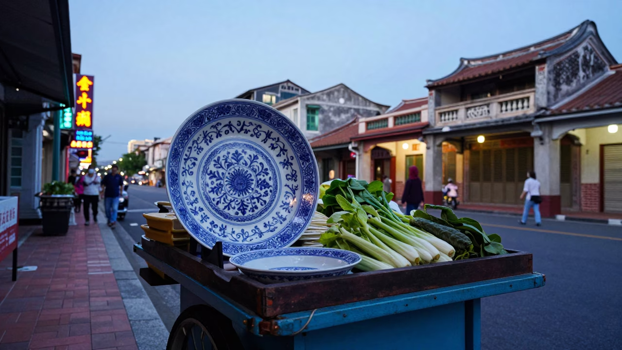 Kaohsiung Early Evening Street Scene with Traditional Blue and White Porcelain Plate in in Kaohsiung, Taiwan