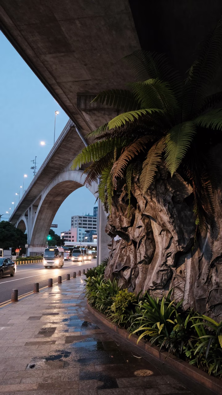 Kaohsiung Early Evening Street Scene with Viaduct Arch and Vine Growth in in Kaohsiung, Taiwan