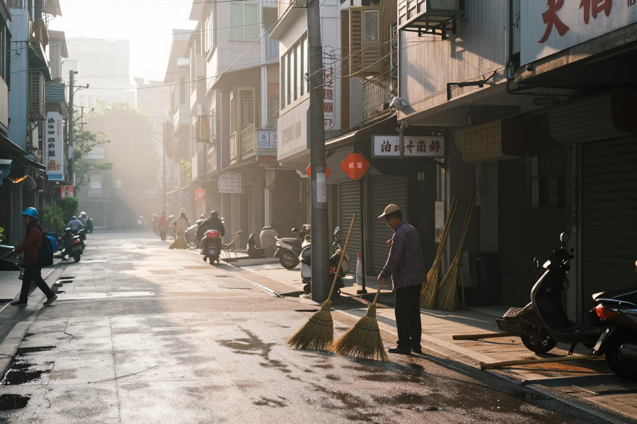 Kaohsiung Early Morning Street Scene with Brooms and Urban Details in in Kaohsiung, Taiwan