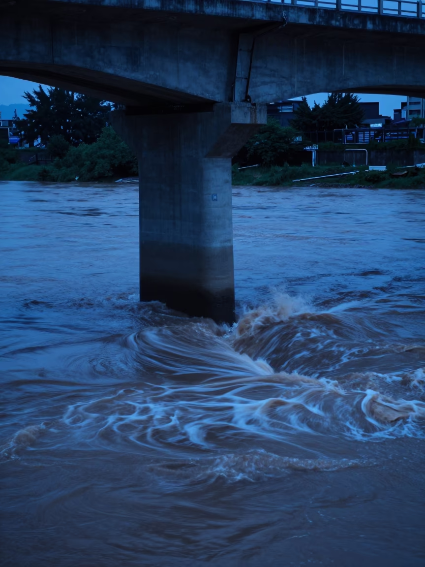 Kaohsiung Evening Bridge Pier Cutwater Splitting Brown River Current Under Blue Twilight in in Kaohsiung, Taiwan