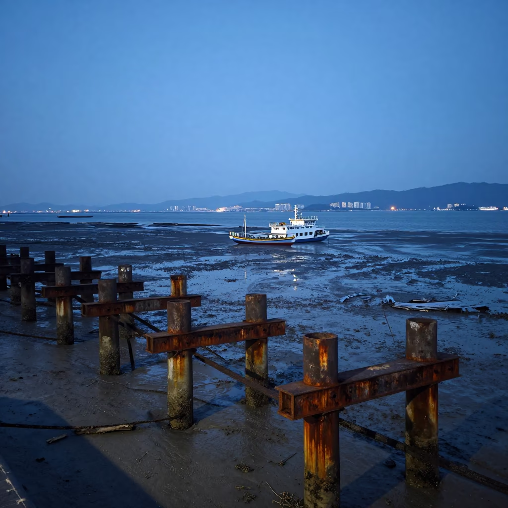 Kaohsiung Evening Ferry Ramp Low Tide with Sampan and Piling System in Blue Light in in Kaohsiung, Taiwan