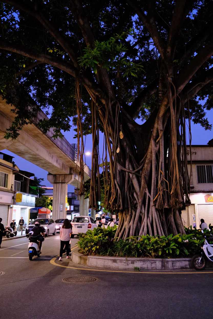 Kaohsiung Evening Street Scene with Banyan Roots and Overpass Ramp at Blue Hour in in Kaohsiung, Taiwan