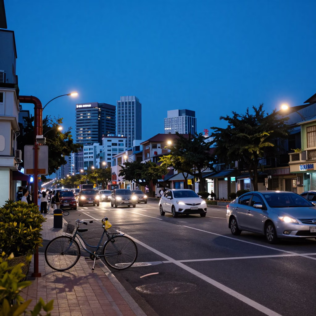 Kaohsiung Evening Street Scene with Bicycle and Steam Pipes in in Kaohsiung, Taiwan