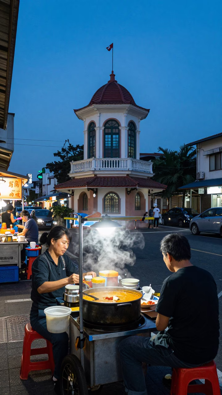 Kaohsiung Evening Street Scene with Floodgate Chamber and Local Activity in in Kaohsiung, Taiwan
