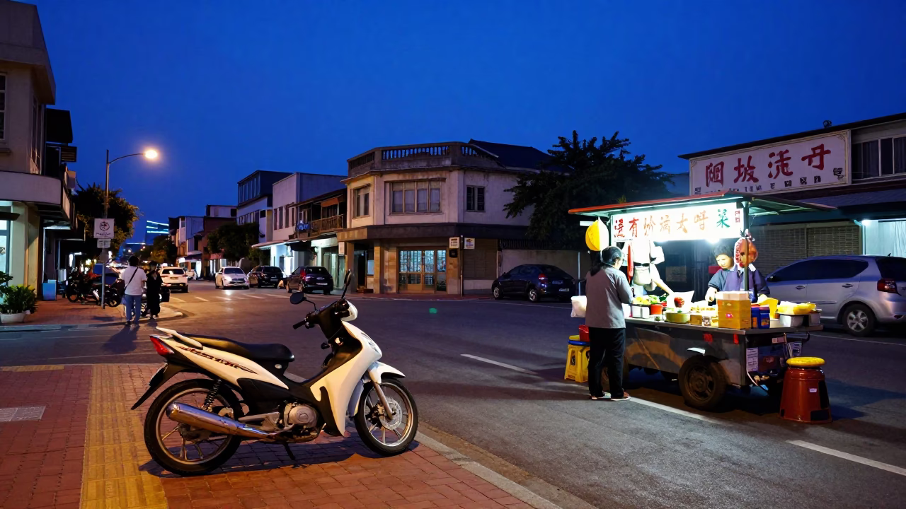 Kaohsiung evening street scene with motorcycle and street vendor under twilight blue light in in Kaohsiung, Taiwan