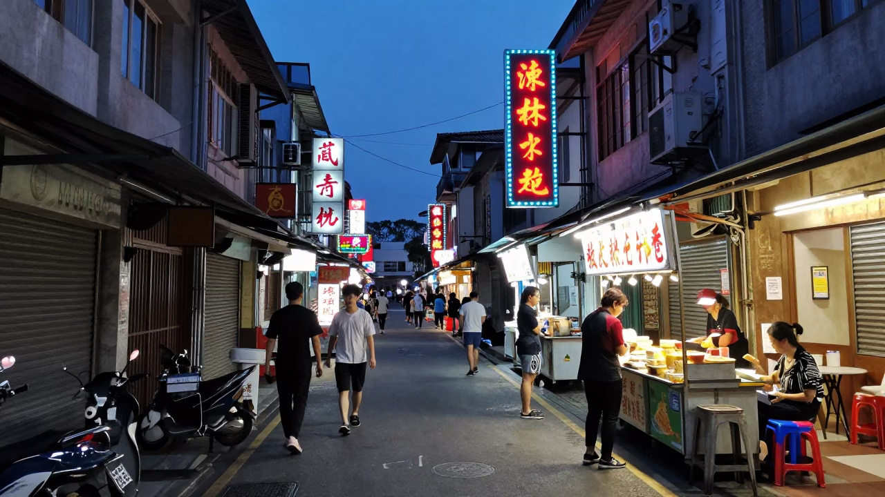 Kaohsiung evening street scene with neon lights and local vendors in in Kaohsiung, Taiwan