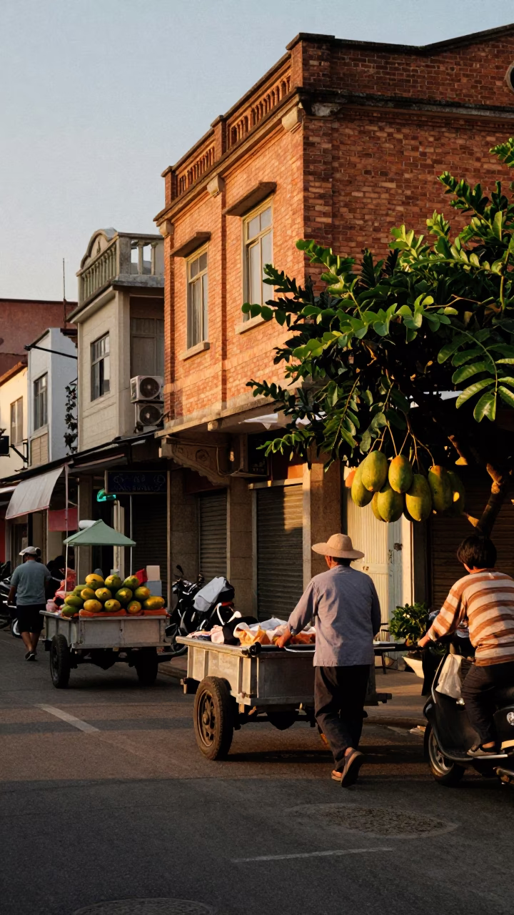 Kaohsiung Evening Street Scene with Rolling Carts and Cargo Ship Horizon in in Kaohsiung, Taiwan