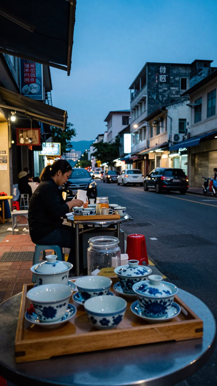Kaohsiung evening street scene with tea vendors and urban life in Taiwan in in Kaohsiung, Taiwan
