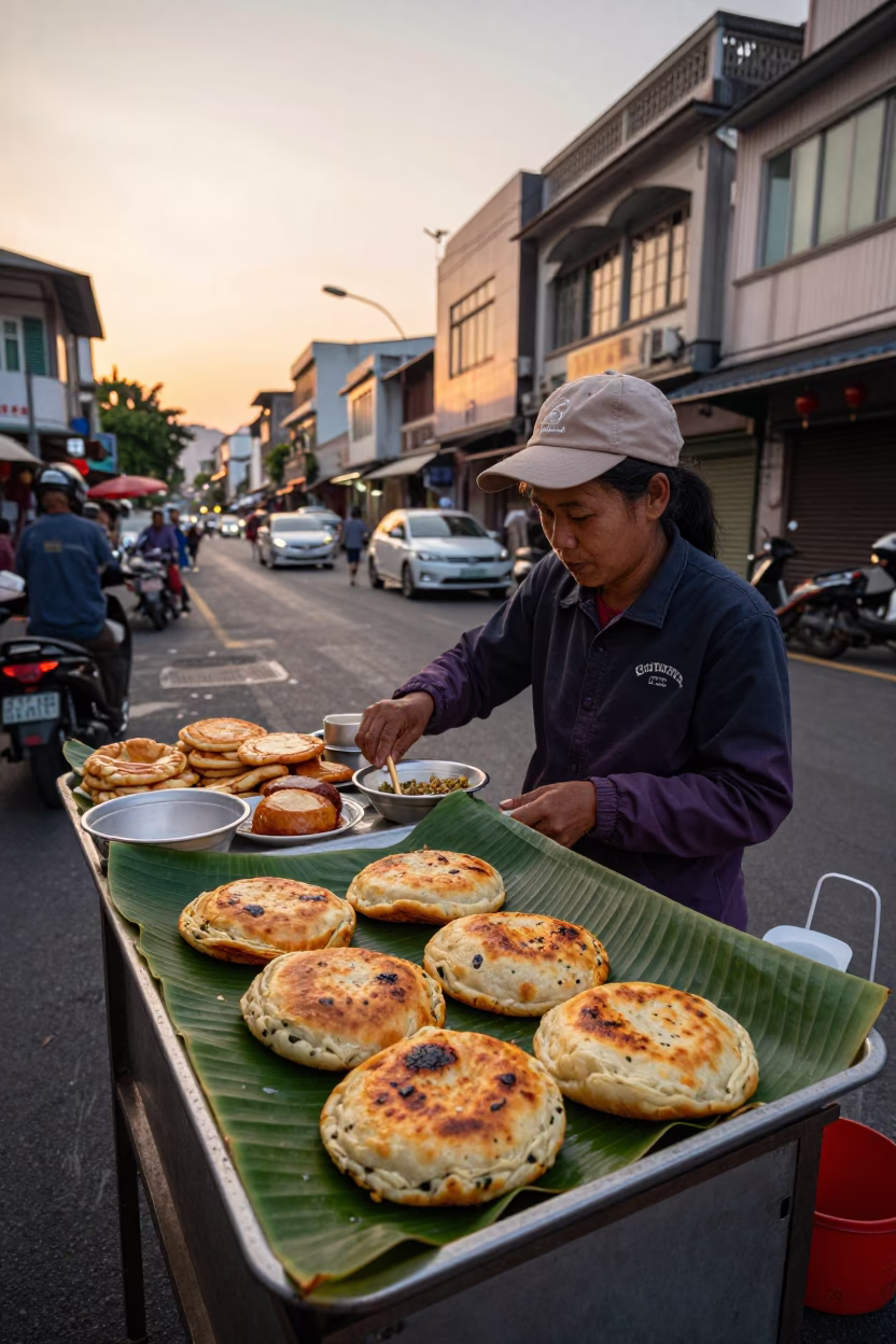 Kaohsiung Evening Street Scene with Traditional Snacks and Urban Details in in Kaohsiung, Taiwan