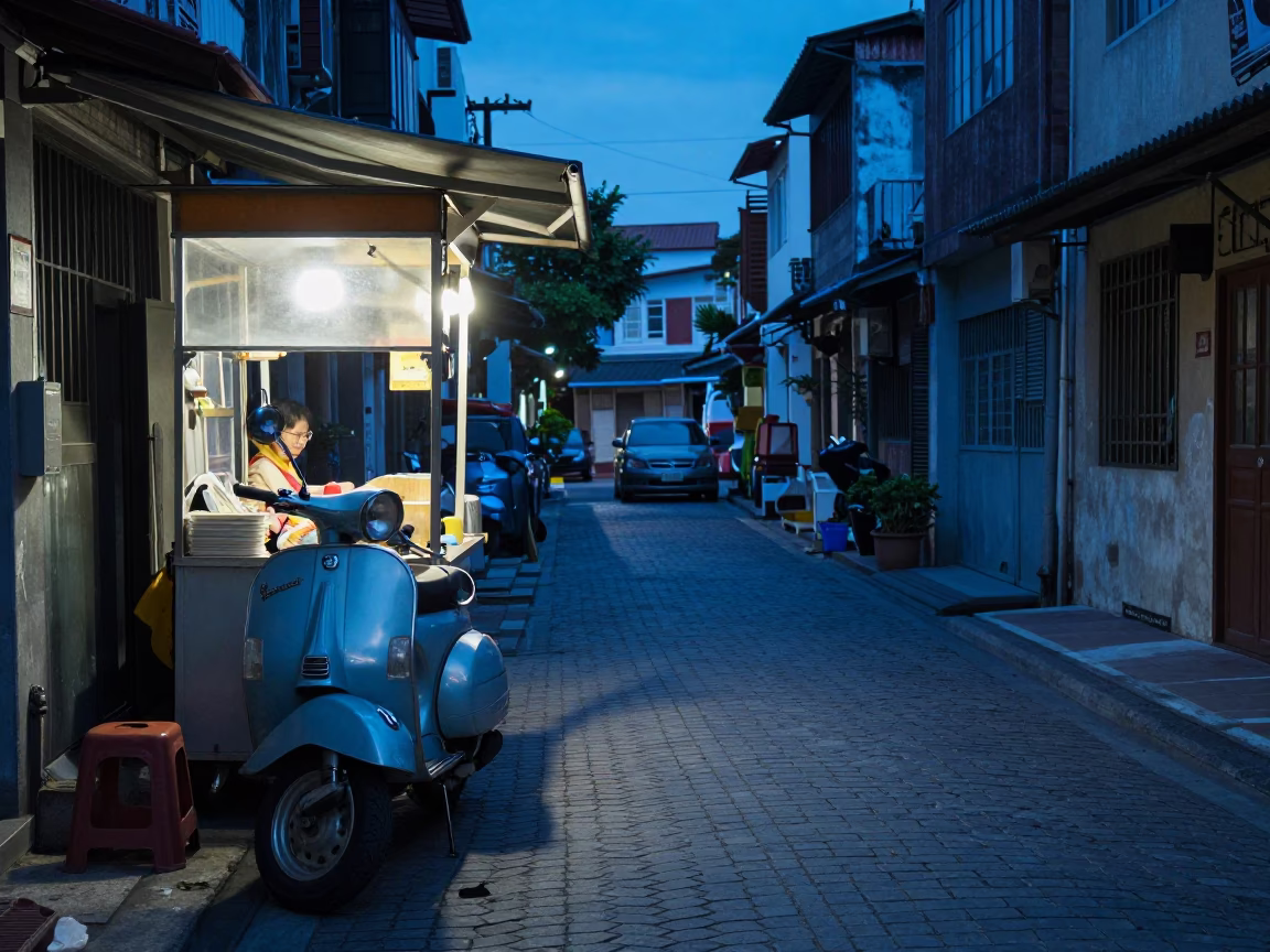 Kaohsiung Evening Street Scene with Vintage Vespa and Local Life in Taiwan in in Kaohsiung, Taiwan