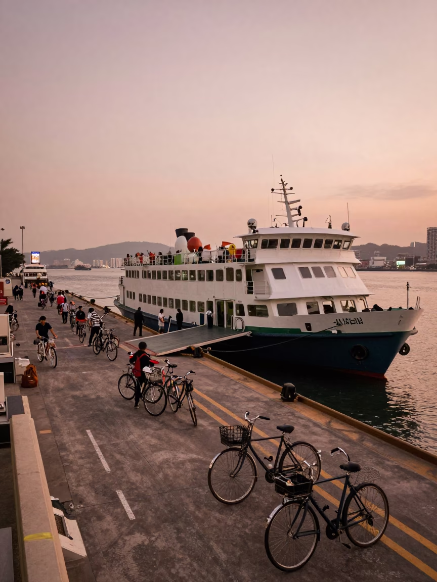 Kaohsiung Ferry Dock at Dusk with Bicycles and Passengers Loading Under Copper Light in in Kaohsiung, Taiwan