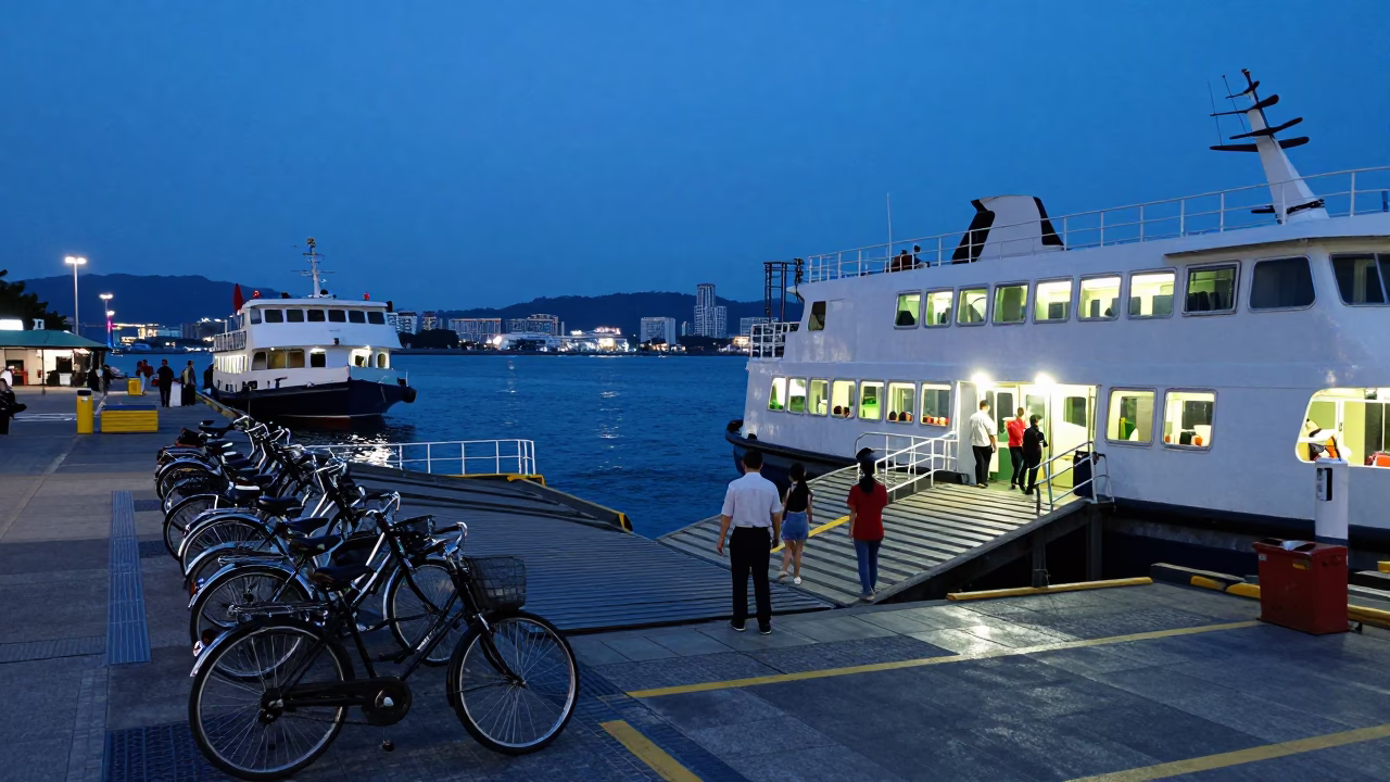 Kaohsiung Ferry Dock Evening Scene with Bicycle Loading and Urban Skyline in in Kaohsiung, Taiwan