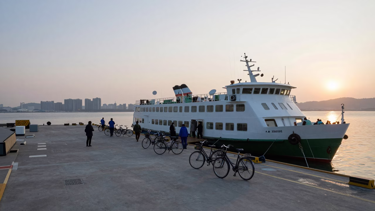 Kaohsiung Ferry Dock Sunrise Loading Passengers and Bicycles in Taiwan in in Kaohsiung, Taiwan