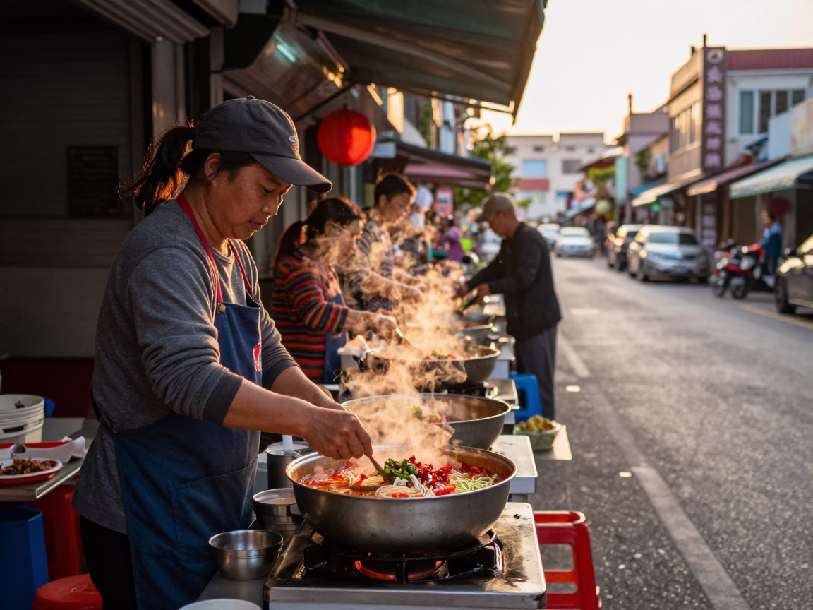 Kaohsiung Golden Hour Street Scene with Bibim Guksu and Local Life in in Kaohsiung, Taiwan