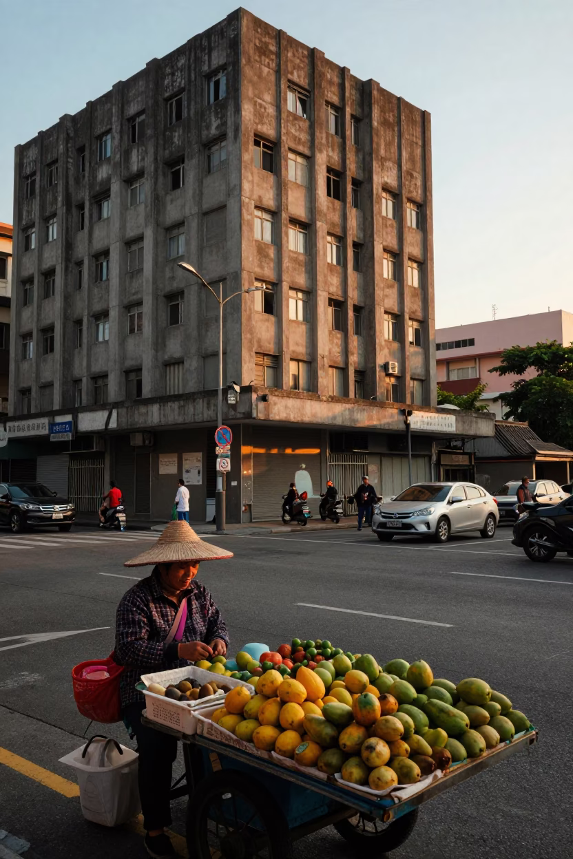 Kaohsiung Golden Hour Street Scene with Fruit Vendor and Concrete Brutalist Architecture in in Kaohsiung, Taiwan