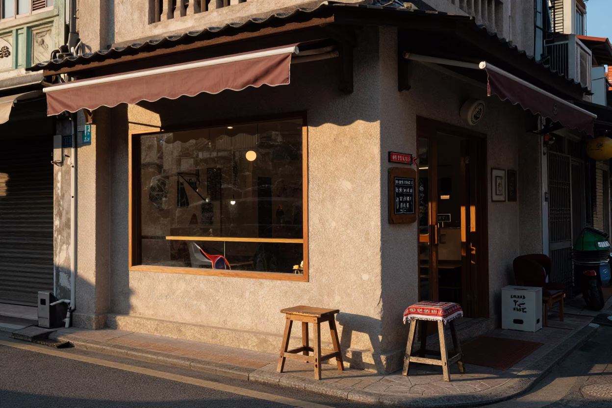 Kaohsiung Golden Hour Street Scene with Vintage Stool and Textile Details in in Kaohsiung, Taiwan