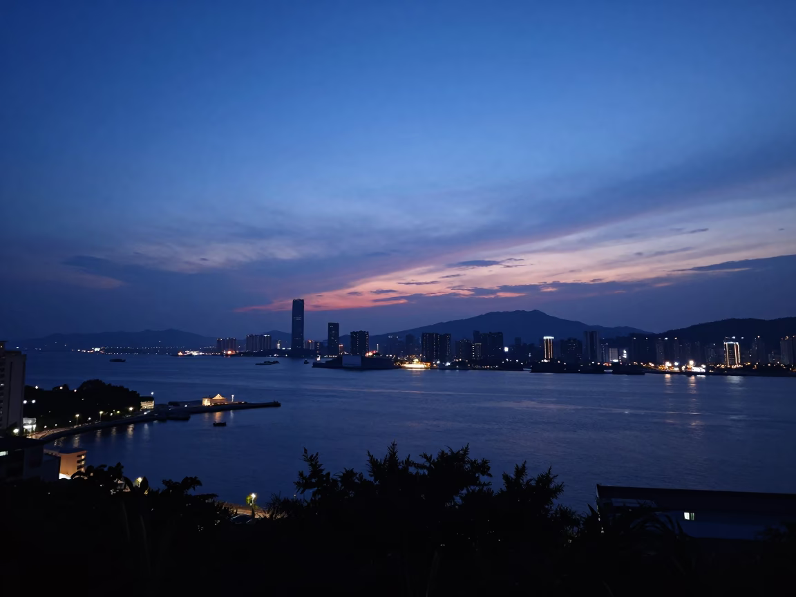Kaohsiung Harbor And Formosa Strait at Indigo Twilight After Sunset in in Kaohsiung, Taiwan