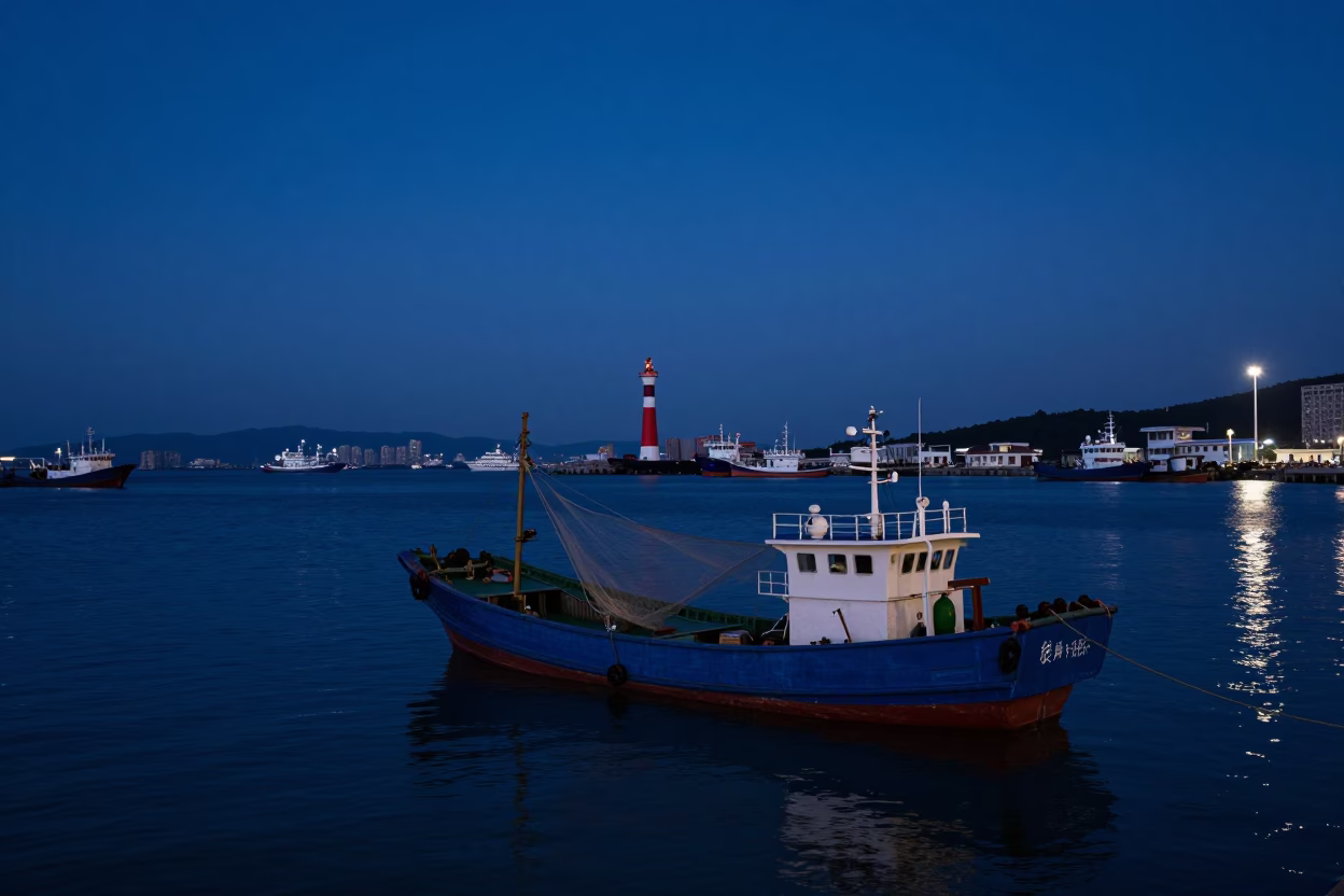 Kaohsiung Harbor at Nautical Dawn Light in in Kaohsiung, Taiwan