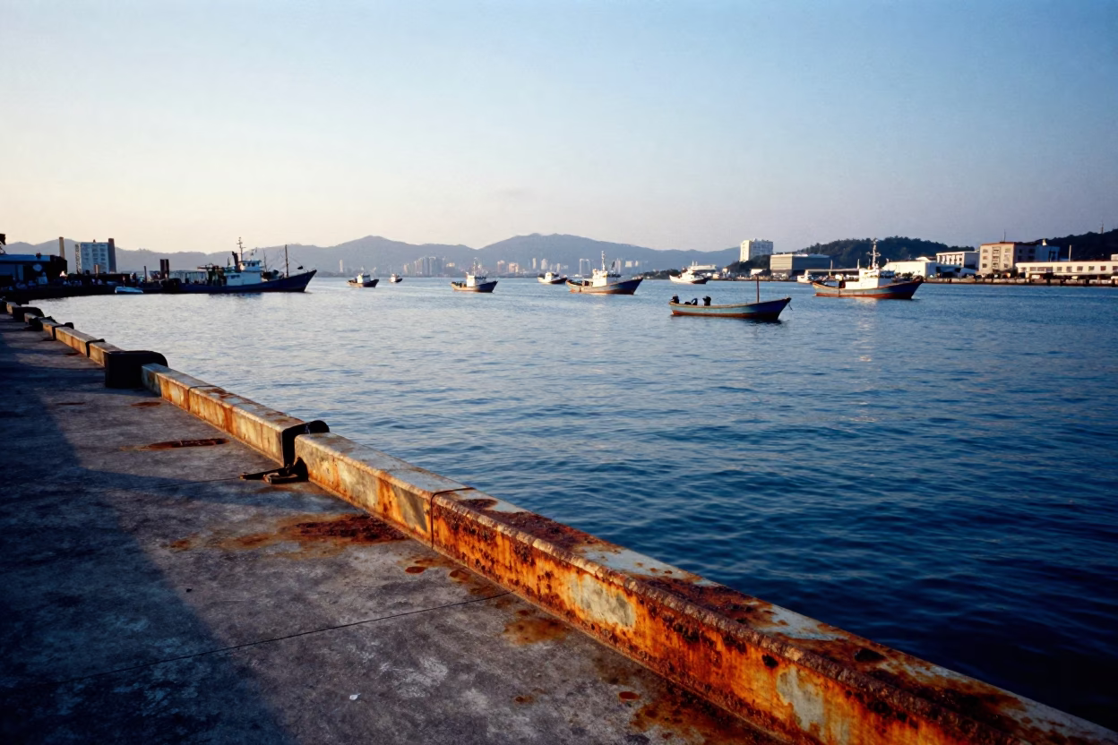 Kaohsiung Harbor at Nautical Dawn with Rusty Ship Sill and Overpass Taillights in in Kaohsiung, Taiwan